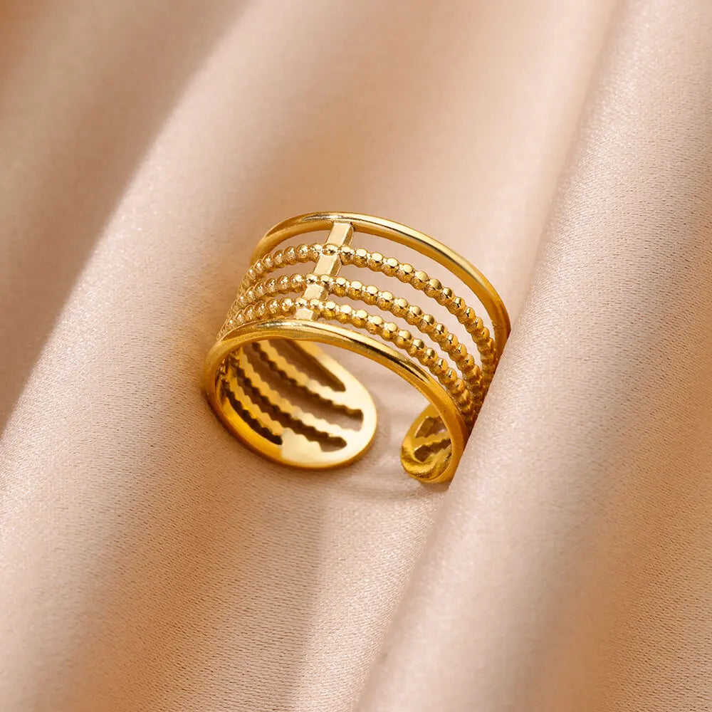 Goldfarbener Edelstahl Mehrschicht-Ringe für Damen, hohler offener Fingerring, Mode Hochzeitsfeier Schmuck Geschenk 2024 Neu