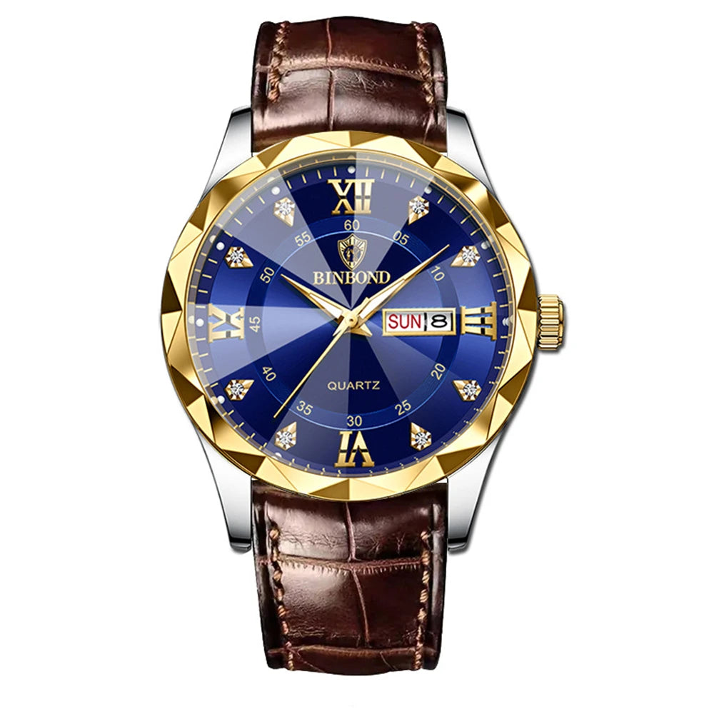 Nuevo Oro Negocios Cuero Casual Diamante Reloj Hombres Lujo Relojes Automáticos Relojes de Pulsera de Moda para Hombres Cuarzo Orologi Uomo