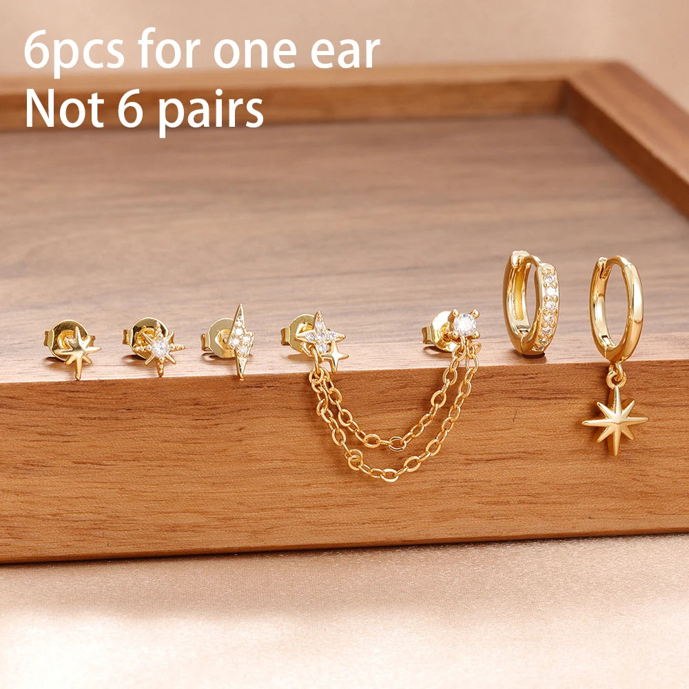 6PCS Mode Süße Zirkon Blume Ohrstecker Für Frauen Mode 18K Vergoldet Stern Ohrstecker Ohrringe Piercing Mädchen Set Schmuck Geschenk