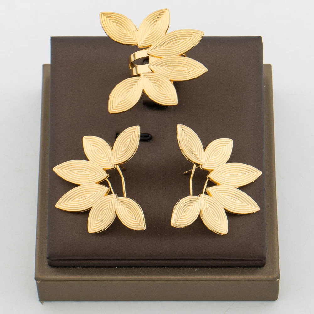 Afrikanisches Goldschmuckset für Damen, Landkarten-Design, Clip-Ohrringe, Fingerring, 2-teiliges Set für Hochzeiten, Braut-Ohrring-Schmuckset