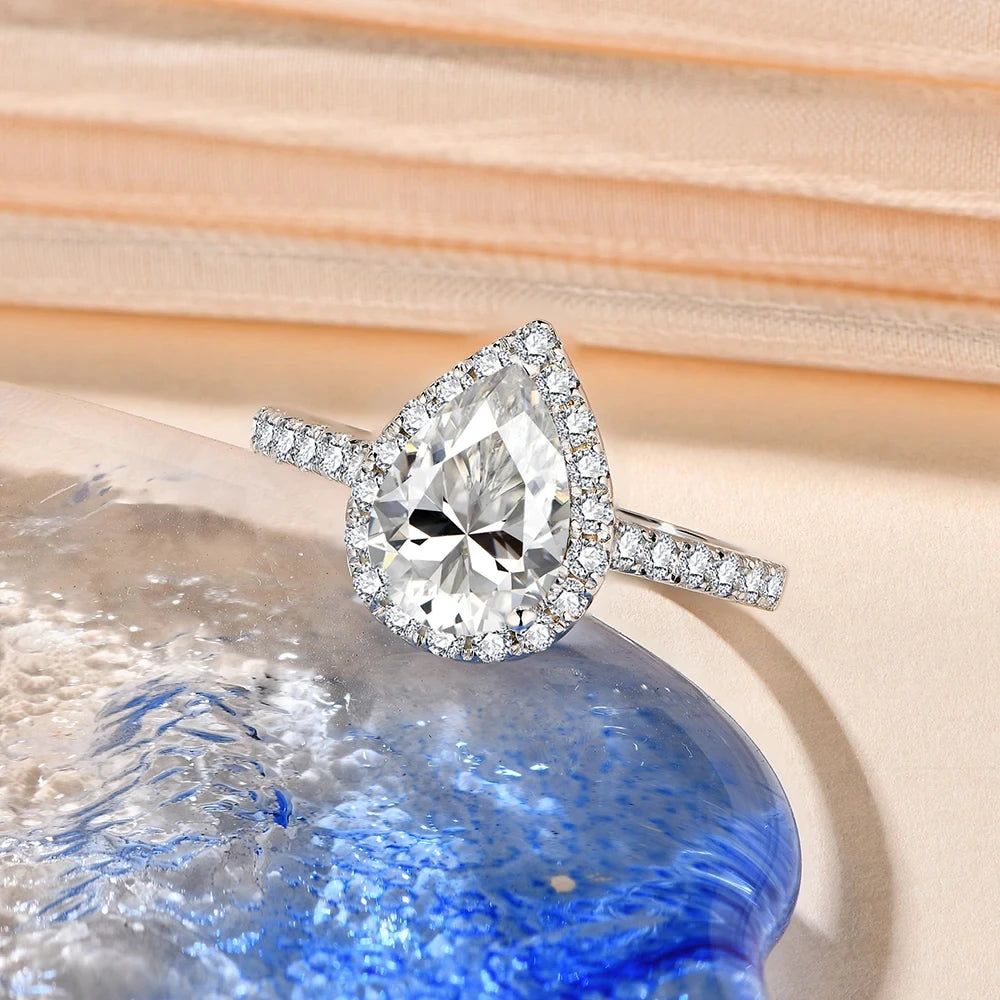MINTYBOX Tropfenförmiger 2.0CT Luxus Moissanit Ring Massives 925er Silber 18K Vergoldeter Verlobungs-Halo-Ring für Damen Edler Schmuck Geschenk