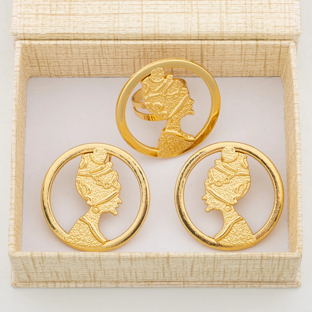 Ohrringe mit Ring Schmuckset für Afrikanische 18k Goldfarbe Clip Ohrringe Fingerring 2tlg. Set mit Geschenkbox Luxus Schmuck Braut