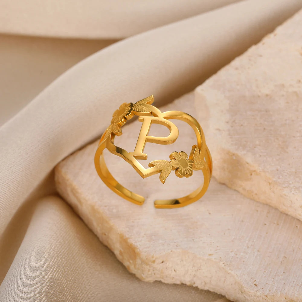 Edelstahl Initialen Buchstaben Herzringe für Frauen Mädchen Goldfarben Blumen Alphabet Ring Mode Valentinstags Schmuck Geschenk