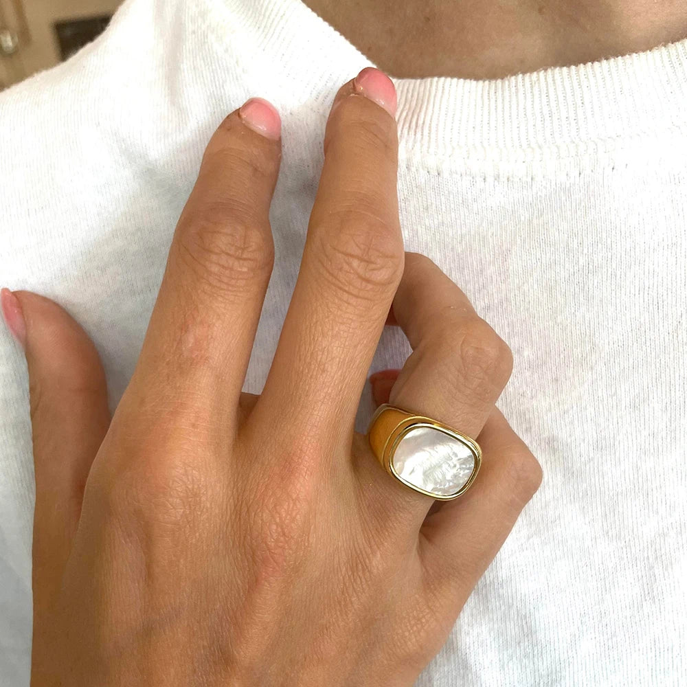 Anillos cuadrados gruesos vintage de concha para mujer, color oro blanco, anillo grande para mujer, accesorios de joyería para fiesta, regalo de tienda.
