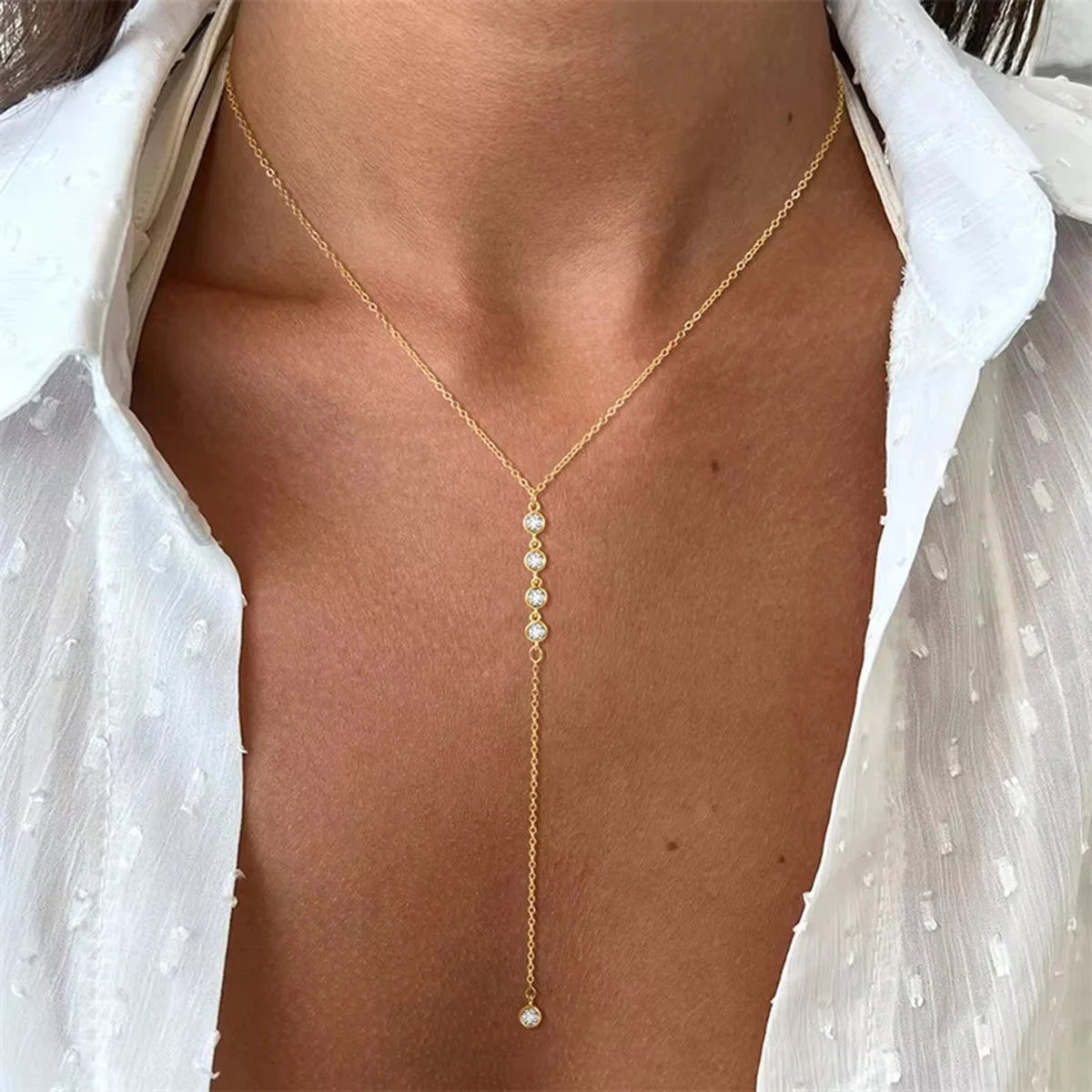 Y2K Simple Zircon Long Tassel Chain Necklaces for Women Metal Geometric Bead Choker Necklace Women's Jewelry