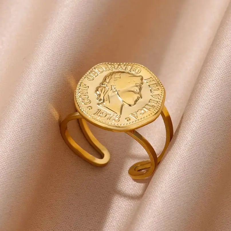 Edelstahl Runde Portrait Offene Ringe Für Frauen Gold Farbe Einstellbare Hochzeit Ästhetischer Ring Party Mode Schmuck Geschenk BFF