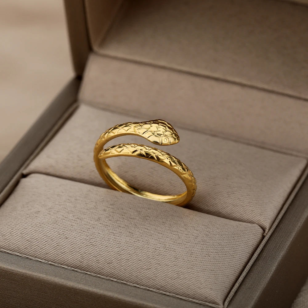 Edelstahl Schlangenringe für Damen Herren Goldfarben Offen Verstellbar Zirkon Ring Vintage Gothic Ästhetischer Schmuck anillos mujer