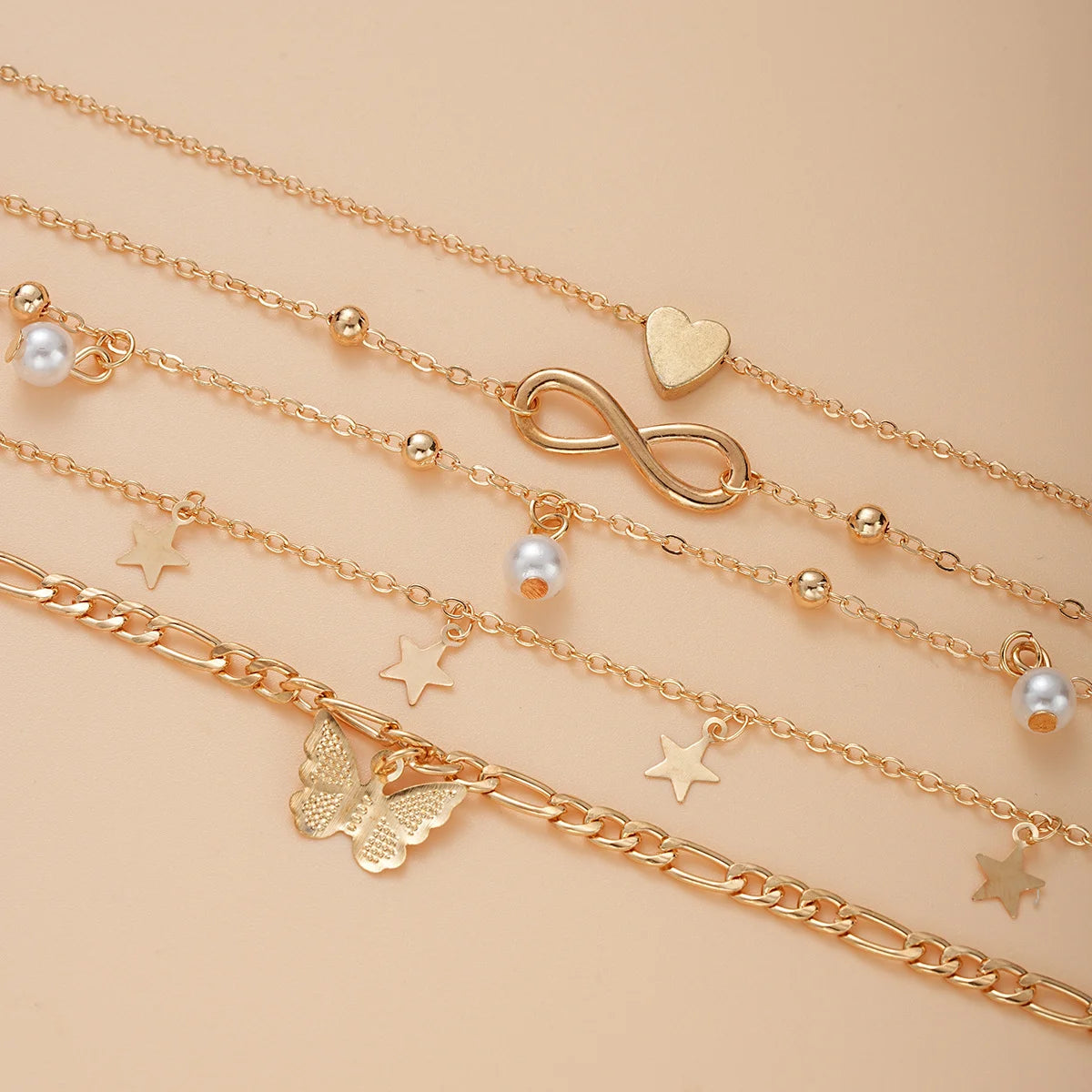 5 Stück Retro Mehrschichtiger Quasten-Fußkettchen-Set für Frauen Böhmen Vintage Perlen Schmetterling Stern Herz Anhänger Fußkettchen Strand Schmuck