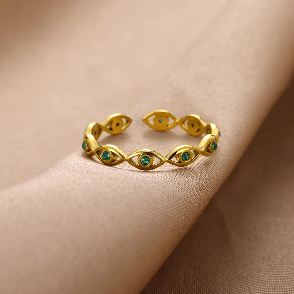 Grüner Zirkon Böser Blick Ringe für Frauen Edelstahl Goldfarben Geometrisch Offener Ring Neu Hochzeit Wasserdichter Modeschmuck Geschenk