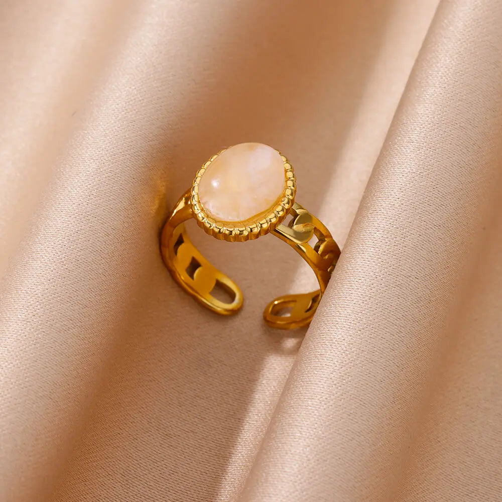 Edelstahl glatt doppelte Kugelperlenringe für Frauen Vintage Opal Natursteinring Mode Goldfarbe Ästhetischer Schmuck
