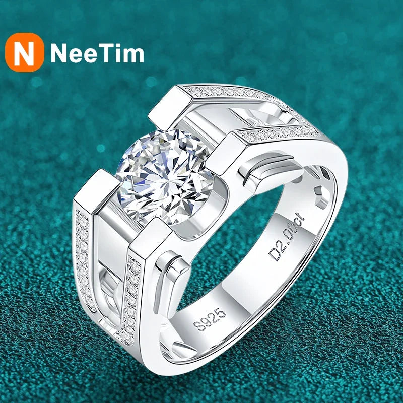 Anillo de moissanita NeeTim de 1 y 2 quilates para hombre, plata de ley 925 chapada en oro blanco, anillo de boda para hombre, joyería fina de lujo