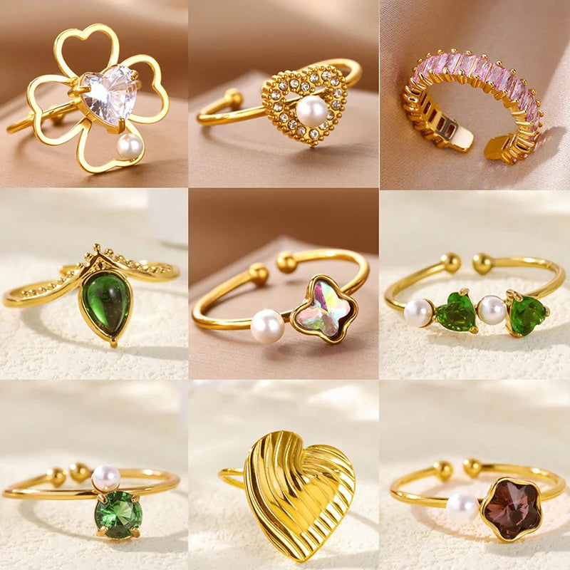 Stainless Steel Four Leaf Clover Rings For Women Gold Color Zircon Opening Couple Ring Aesthetic Wedding Bohemian Jewelry Gift