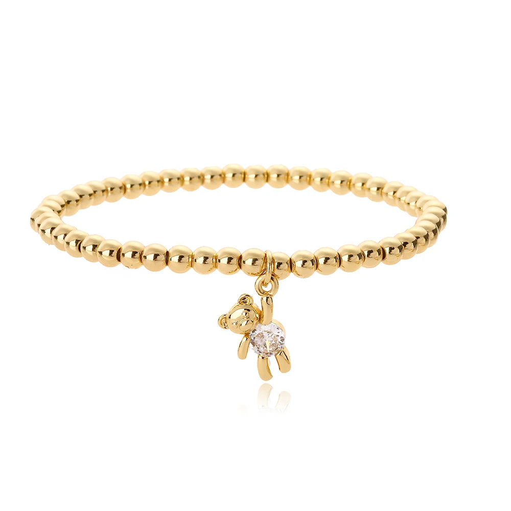 NEWBUY Trendige Goldfarbene Kupferperlen Armbänder für Frauen Weiß/Rosa/Lila Zirkonia Süße Bär Schmuck