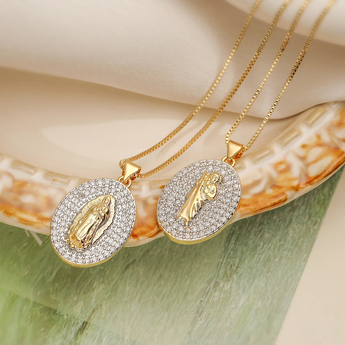 NEWBUY 2025 New Trendy Silver/Gold Mix Color Shiny AAA CZ Inlay Virgin Mary & Priest Pendant Necklaces