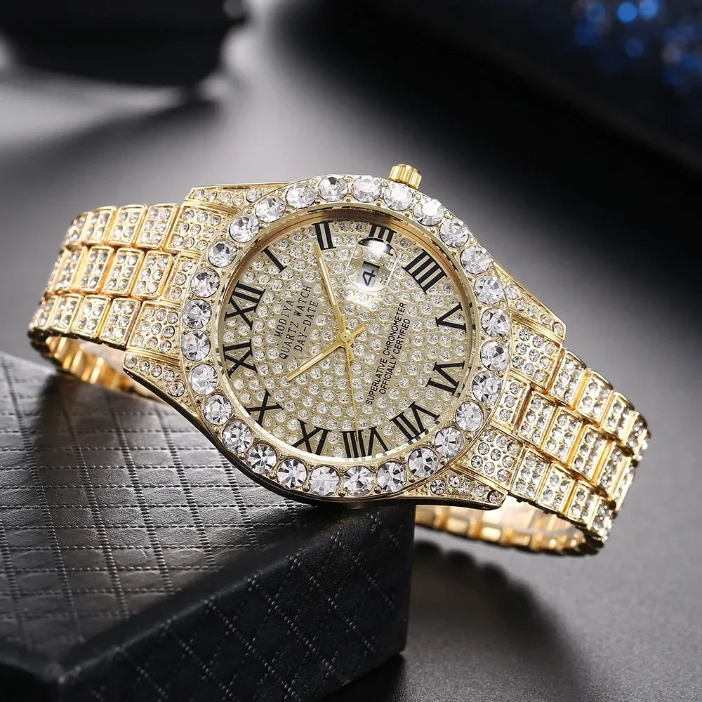 Reloj de diamante brillante Hot Sale para hombre, color oro, de lujo, de cuarzo, reloj masculino, dropshipping, calendario de diamantes de imitación, reloj de pulsera