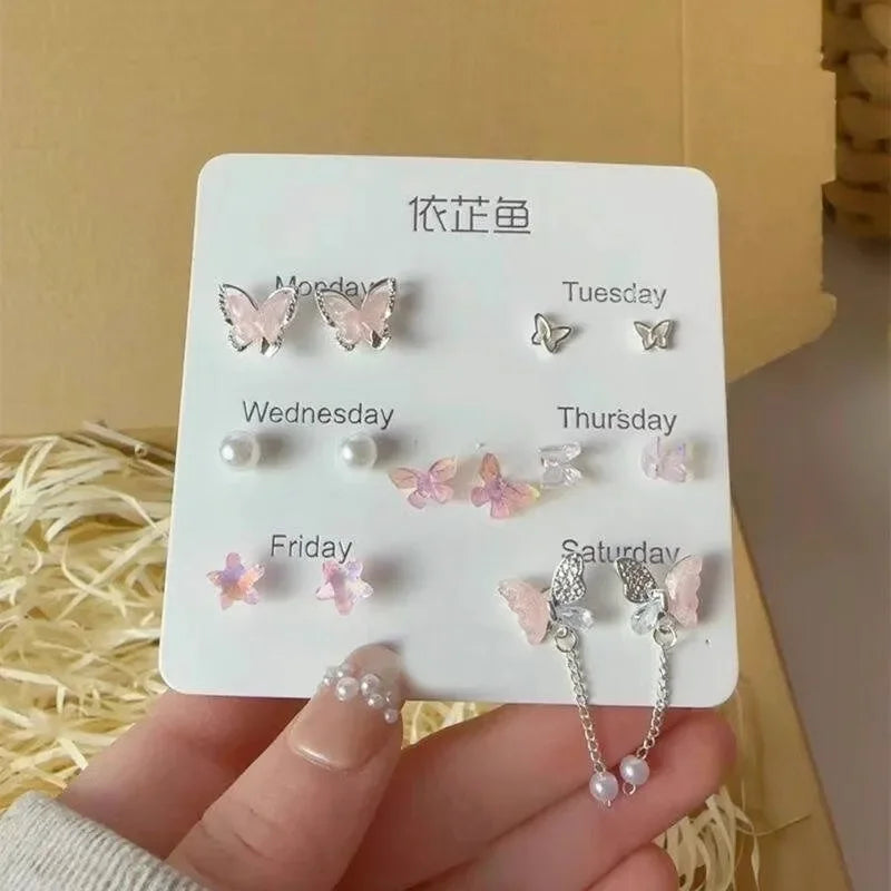 Colorful Flower Butterfly Earrings Seven-piece Set For Women Fashion Personalized Daily Accessory Party Jewelry Birthday Gifts