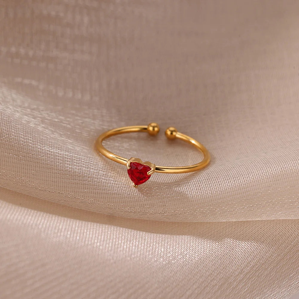 Edelstahl Geburtsstein Offene Ringe für Frauen Mode 12-farbiger Kristall Zirkon Herz Ring Geburtstag Ästhetischer Schmuck Geschenk