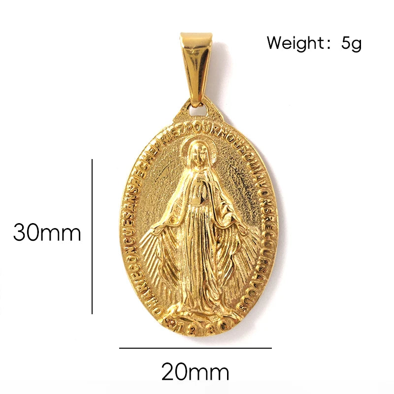 Collar de medalla de la Virgen María de oferta - Chapado en oro de 18 quilates y acero inoxidable 316L, colgante religioso, regalos católicos para mujeres y hombres