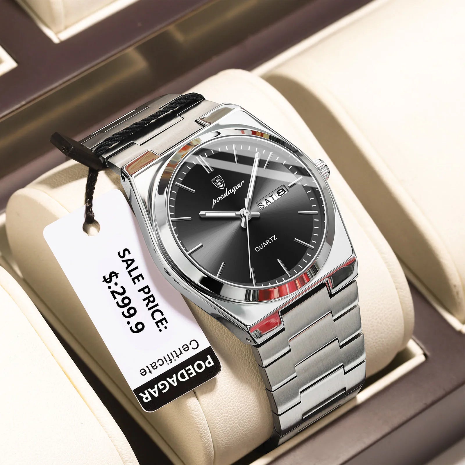 POEDAGAR Reloj de Pulsera de Cuarzo Deportivo de Lujo para Hombre, Impermeable, Luminoso, Fecha, Semana, Relojes para Hombres, Acero Inoxidable, Reloj de Hombre Masculino + caja