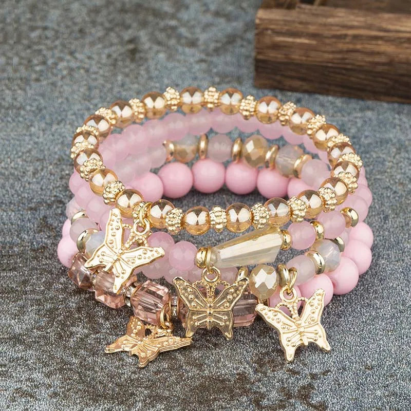 4 Stück Böhmisches Schmetterlings-Charm-Armband-Set für Damen, Kristallperlen, Kettenarmreif, weibliche Mode-Party-Schmuckgeschenk