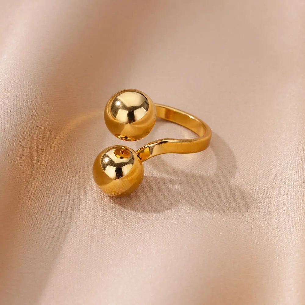 Edelstahl glatt doppelte Kugelperlenringe für Frauen Vintage Opal Natursteinring Mode Goldfarbe Ästhetischer Schmuck