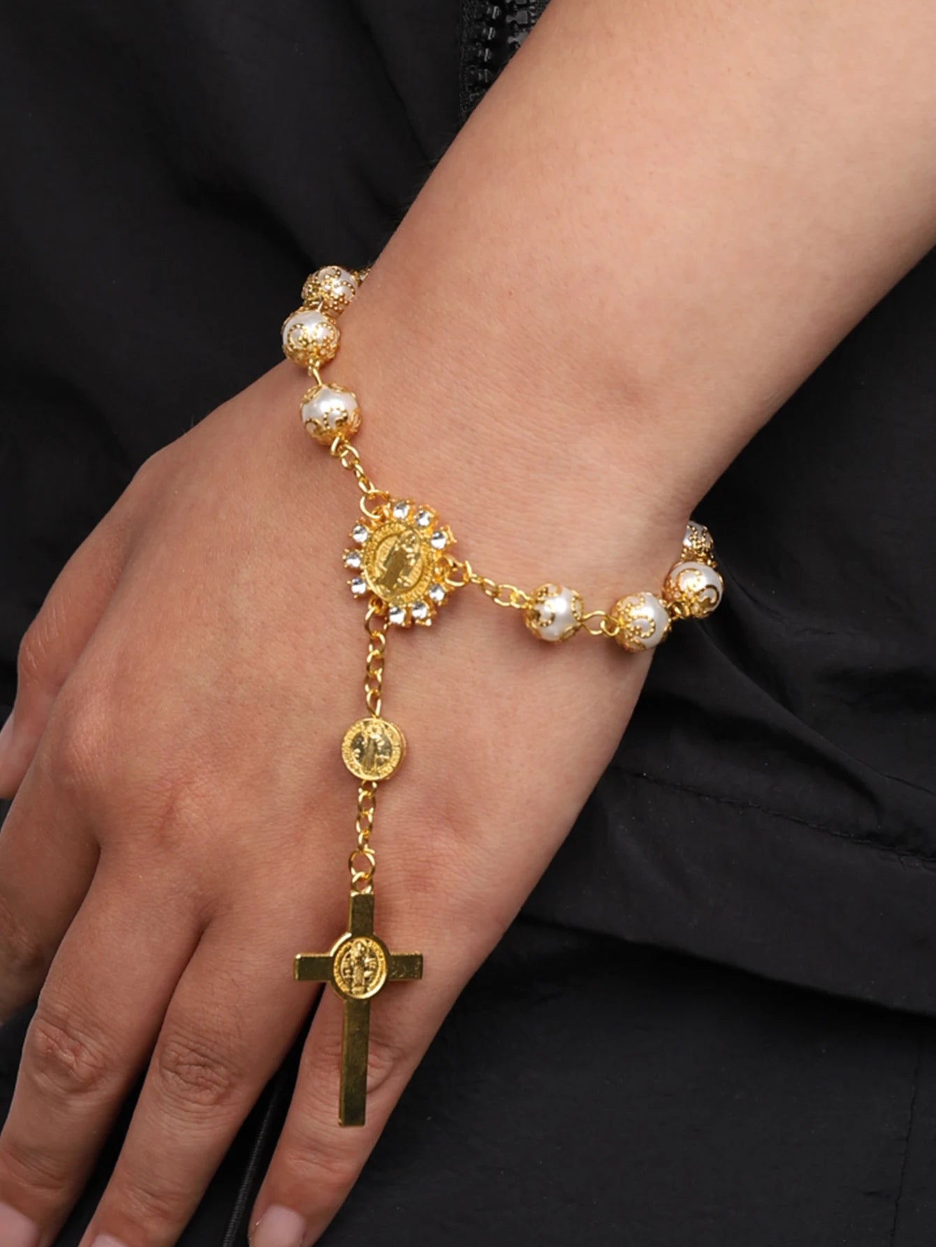 Rosenkranz-Armband mit zehn Perlen, Heiliger Benedikt, Kruzifix, göttliche Barmherzigkeit, Geschenk für Frauen und Männer