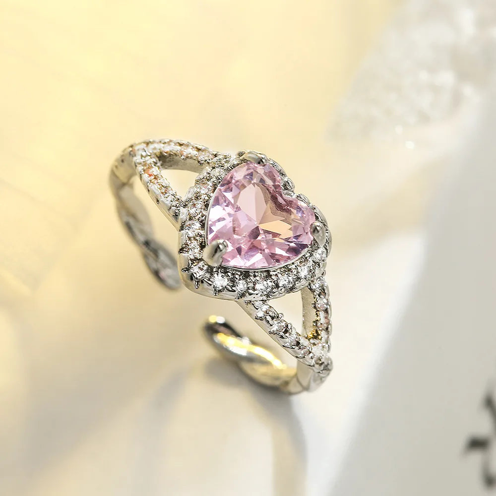 NEWBUY Fashion Bunte Zirkonia Pavé-Fassung Hochzeitsschmuck 2024 Trendiger Goldfarbener Herzanhänger Fingerring für Damen