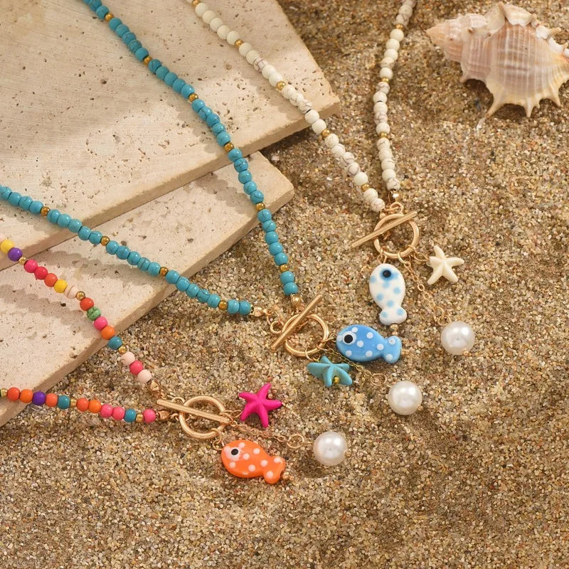 Bohemian Sea-Inspired Ceramic Fish & Starfish Pendant Necklace with 4mm Synthetic Turquoise Beads, Lightweight Beach Jewelry