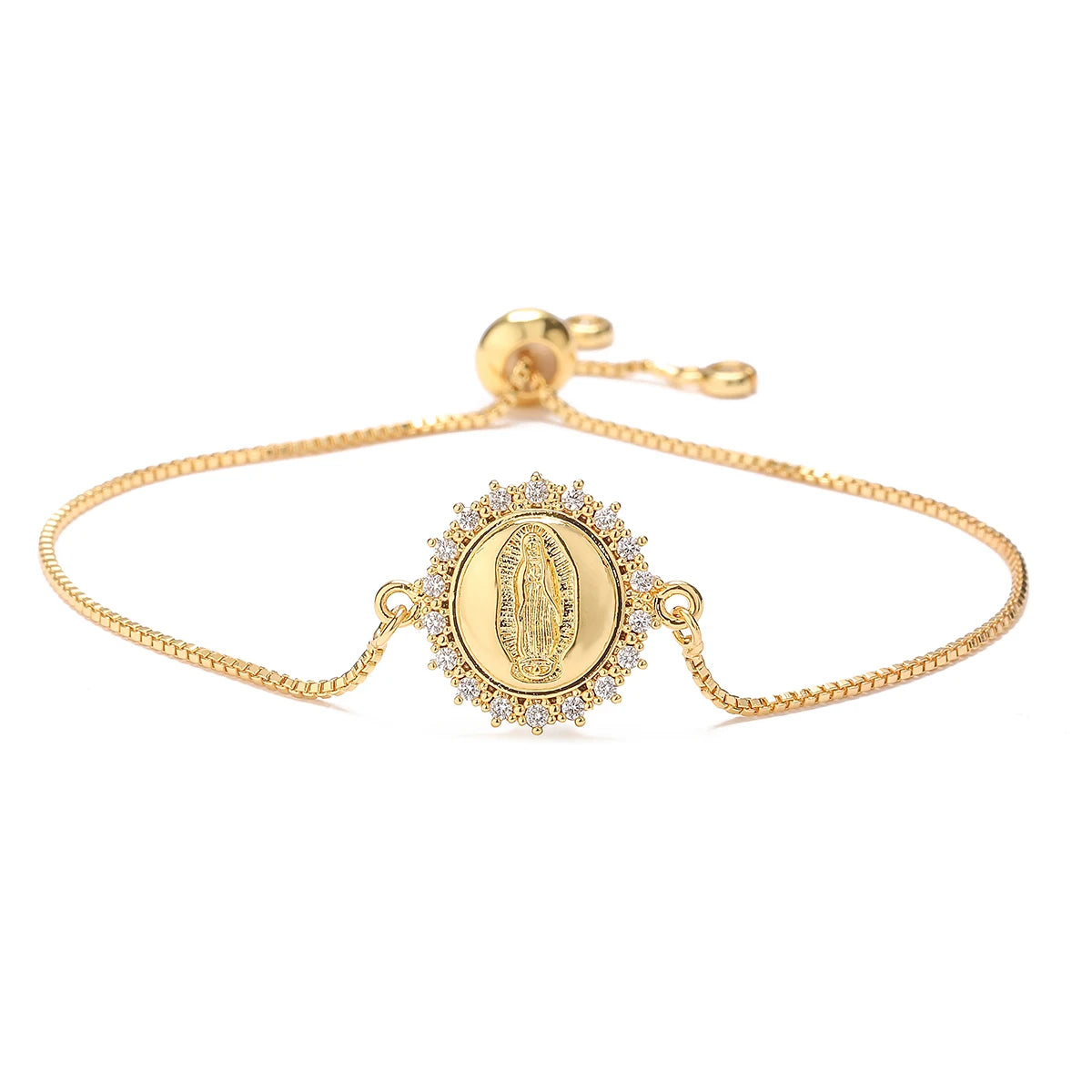 NEWBUY 2026 Mode Goldfarben Box Chain Jungfrau Maria Charm Armbänder für Frauen Glänzende CZ Zirkon Schmuck