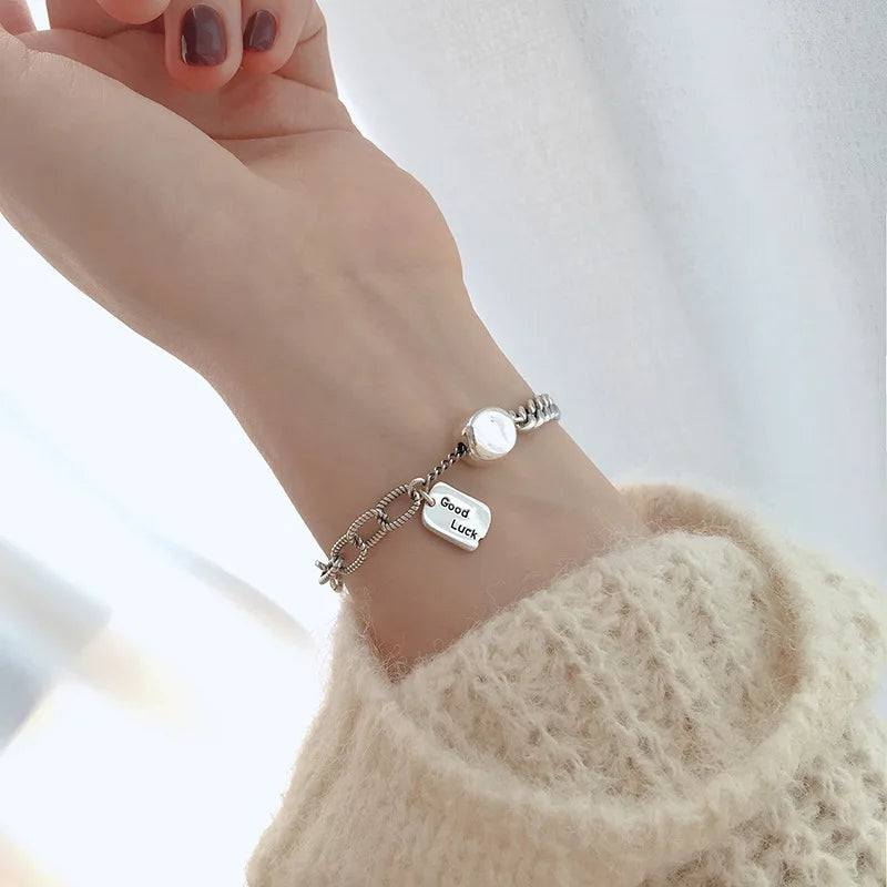 Sterling Silver plated Thai Silver Bracelet for Women Vintage Geometric Heart Love Lucky Punk Jewelry 2023 New Dropship