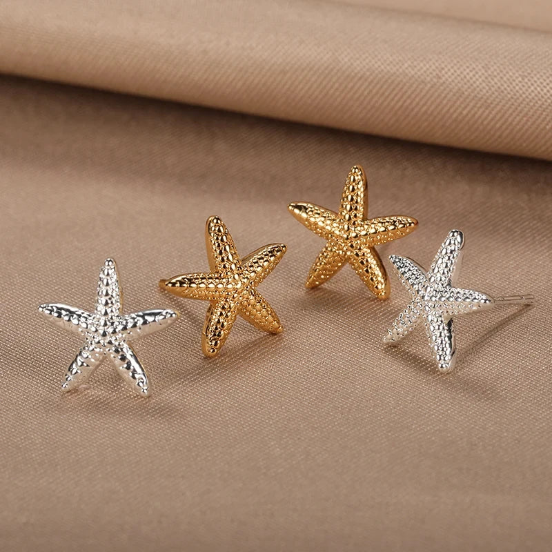Pendientes de acero inoxidable con forma de estrella de mar vintage para mujer, aretes sencillos con forma de concha de estrella, joyería de fiesta oceánica, regalo 2025