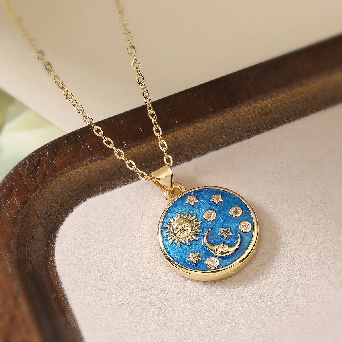 NEWBUY Delicate Blue Oil Dripping Star Moon Sun Round Pendant Necklaces For Elegant Women Bitrhday Gift
