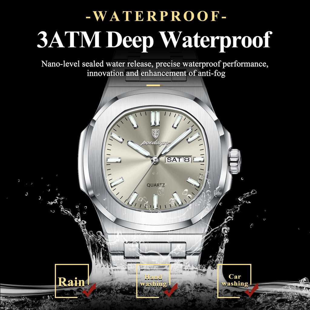 POEDAGAR Reloj de Pulsera Casual de Moda para Hombres Fecha y Día Acero Inoxidable Reloj de Hombre Luminoso Impermeable Lujo Cuarzo Relojes de Hombre+Caja