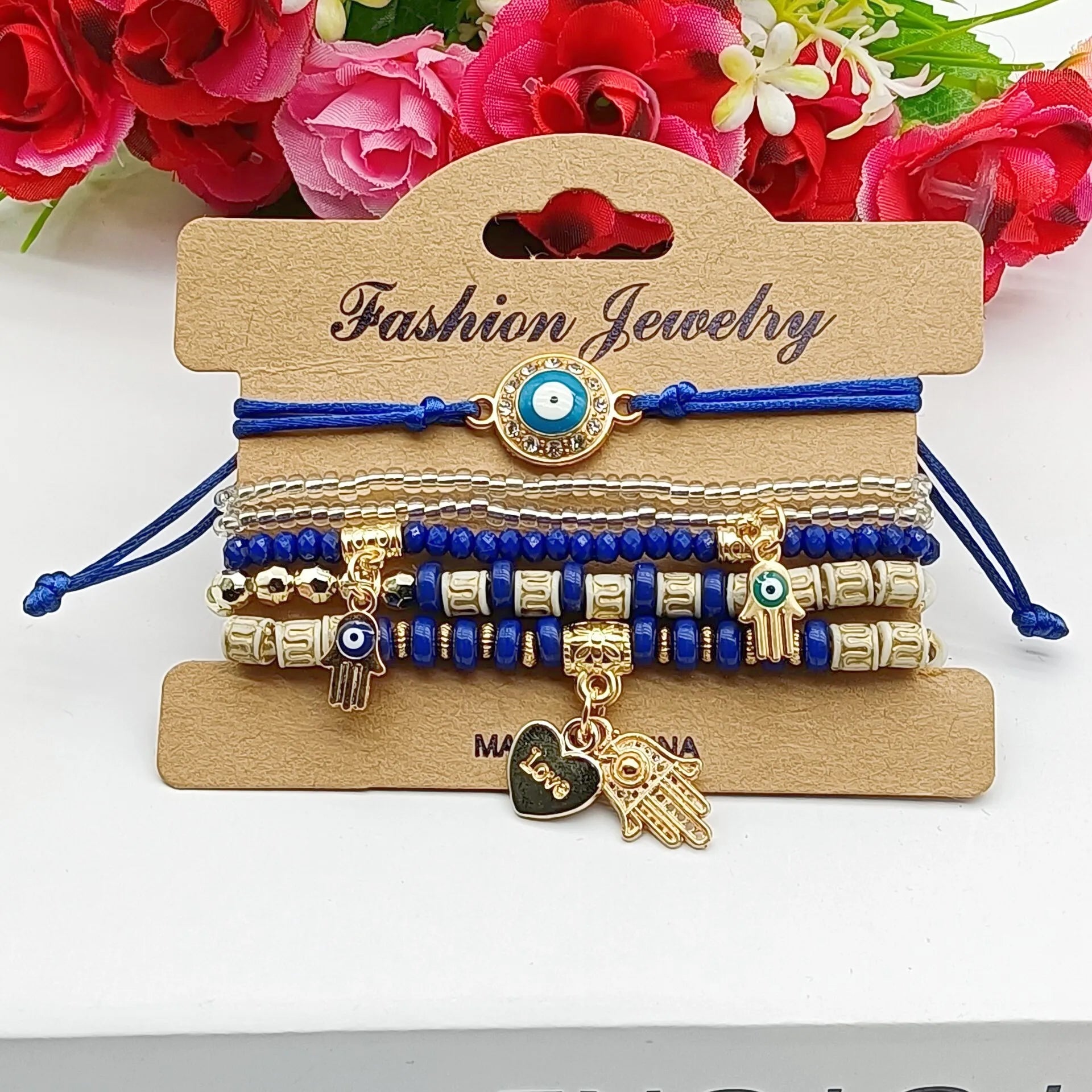 6Pcs Fatima Hand Böses Auge Armband Set für Frauen Herz Charm Perlen Seilkette Armreif Weiblicher Böhmischer Handgemachter Schmuck