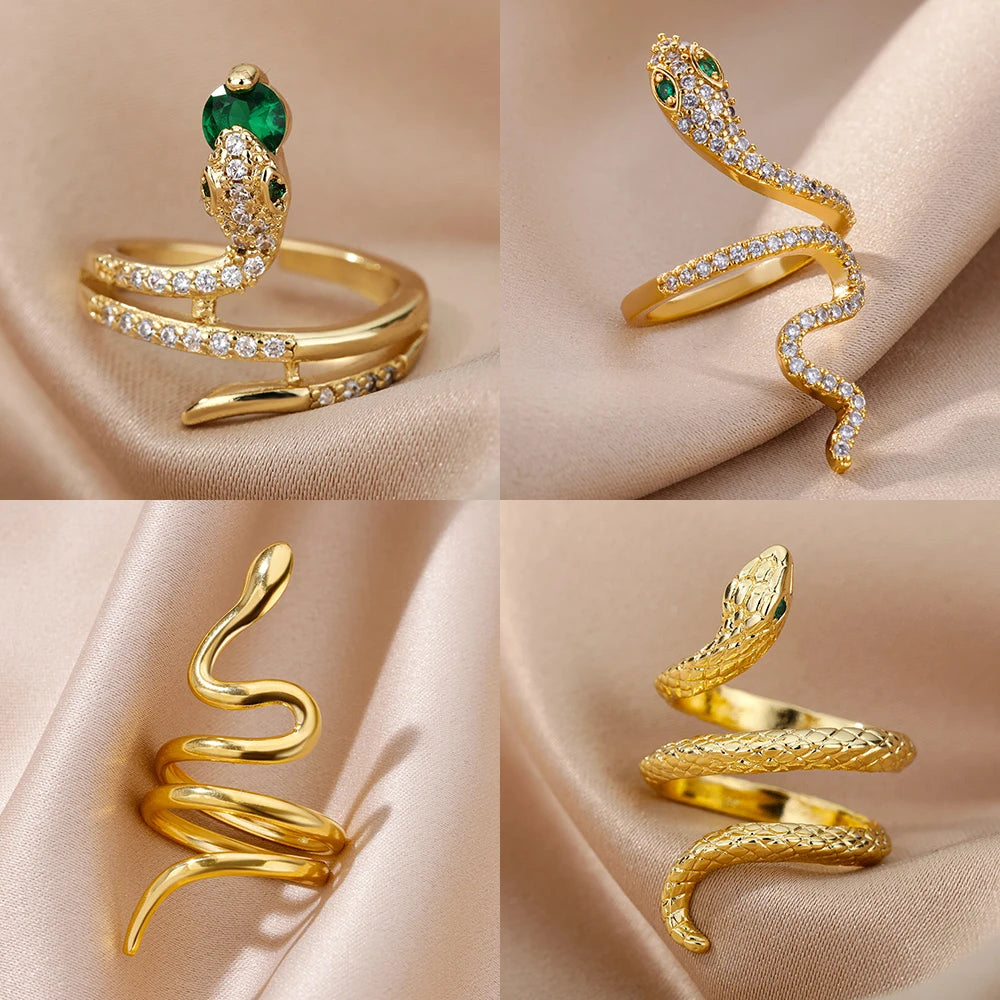Zirkon-Schlangenringe für Damen und Herren Edelstahl Goldfarben Offener verstellbarer Ring Vintage Gothic Ästhetik Schmuck anillos mujer