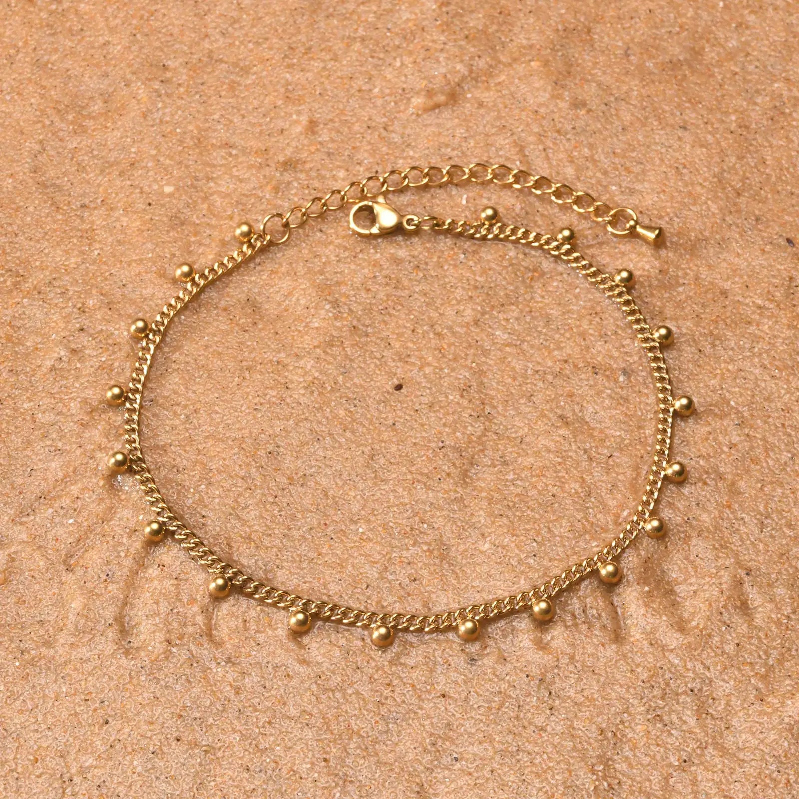 Fußkettchen Armband für Beine aus Edelstahl, wasserdicht, verstellbar, Strandperlen, Kugel, kubanische Gliederkette, Sommer, Boho-Fußschmuck für Damen