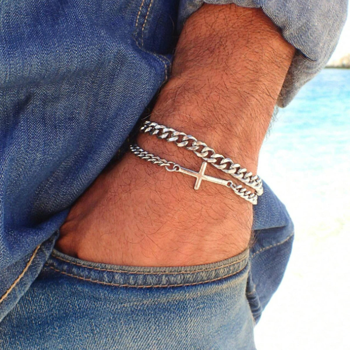 2024 Neues Edelstahl Kreuz Cuban Kette Armband Set für Herren Hip Hop Punk Schlangenkette Armbänder Mode Unisex Schmuck Geschenke