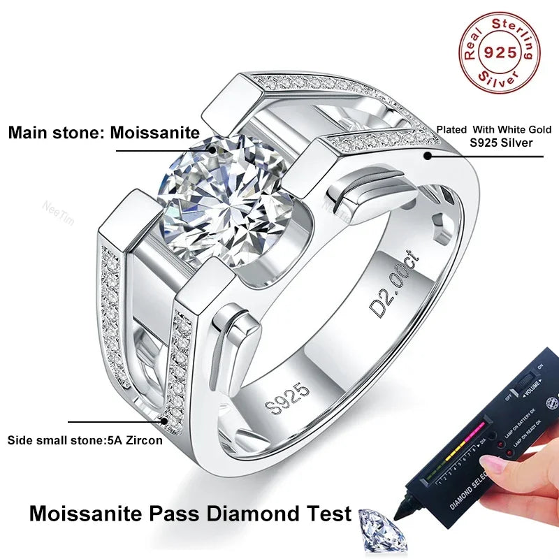 Anillo de moissanita NeeTim de 1 y 2 quilates para hombre, plata de ley 925 chapada en oro blanco, anillo de boda para hombre, joyería fina de lujo