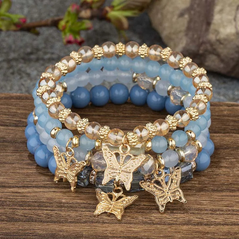 4 Stück Böhmisches Schmetterlings-Charm-Armband-Set für Damen, Kristallperlen, Kettenarmreif, weibliche Mode-Party-Schmuckgeschenk