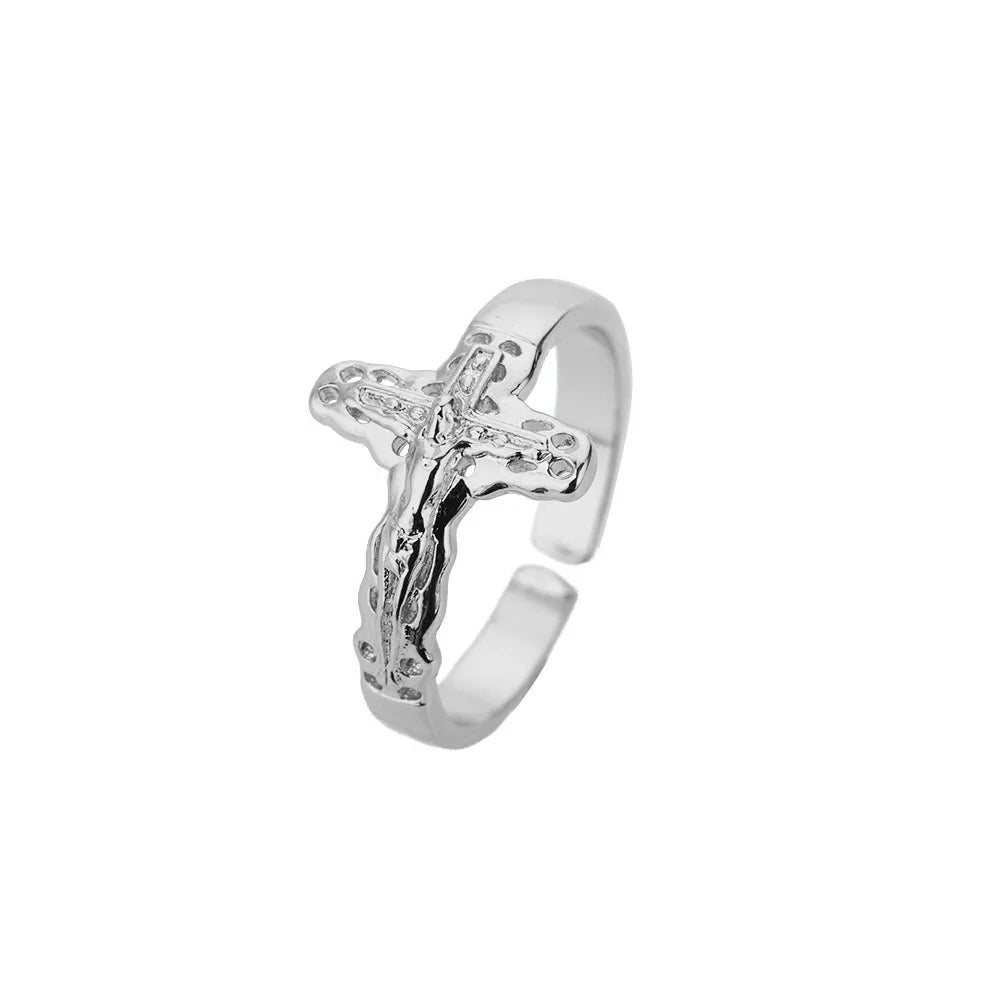 Vintage Jesus Kreuzringe für Damen Herren Goldfarbe Edelstahl Jesus Kreuz Verstellbarer Ring Religiöser Party Schmuck Geschenk