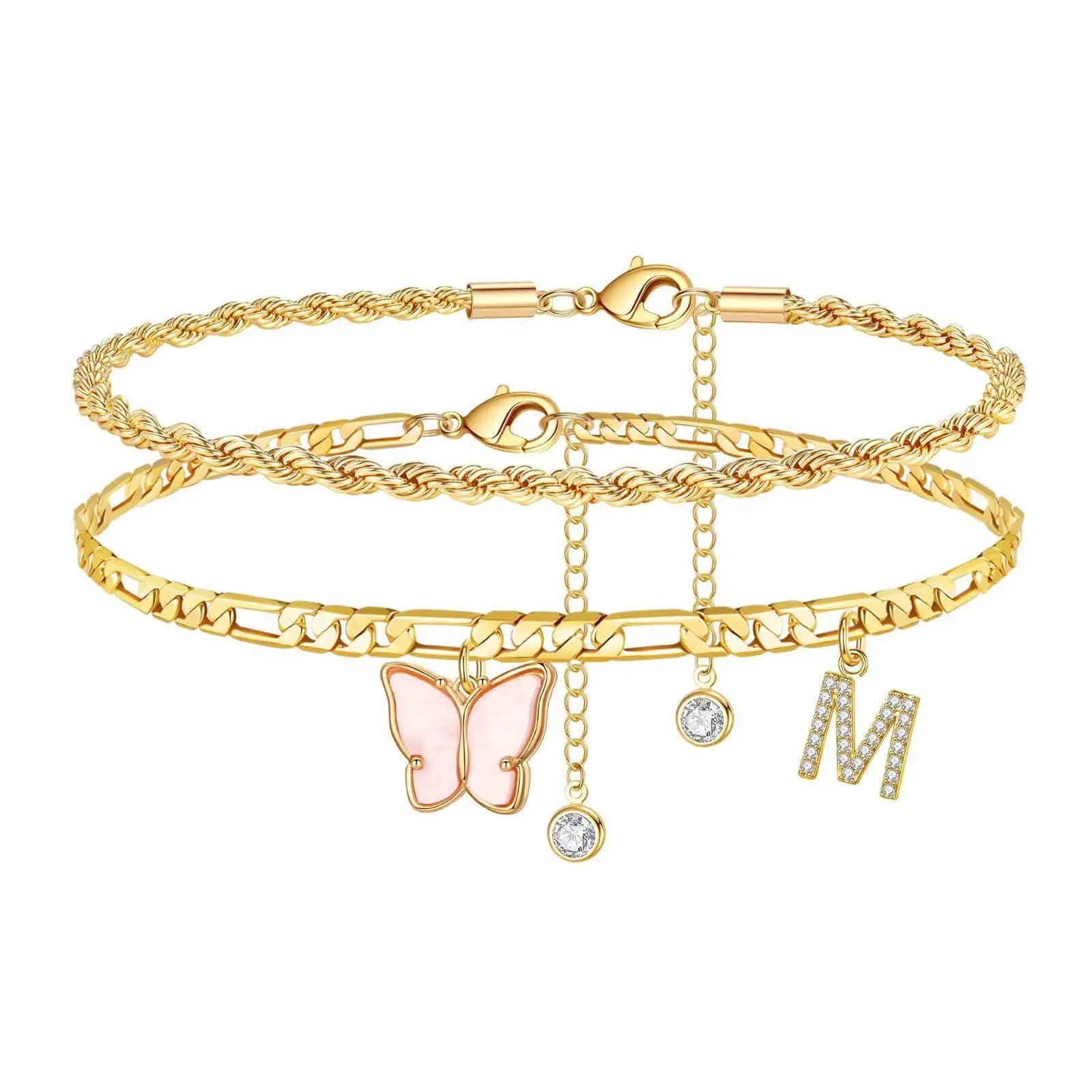 2 Stück Edelstahl Anfangs-Fußkettchen-Set für Frauen, 26 Buchstaben Acryl Schmetterling Charm Kette am Fuß Sommer Fußkettchen Schmuck