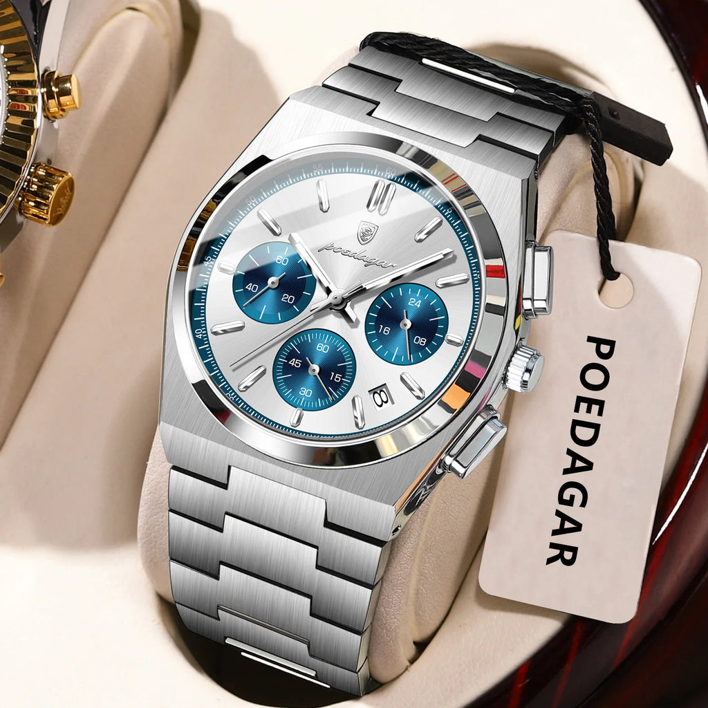 POEDAGAR Reloj de Lujo para Hombre Cronógrafo Fecha Acero Inoxidable Deporte Reloj de Pulsera para Hombre Impermeable Luminoso Moda Relojes de Cuarzo para Hombre