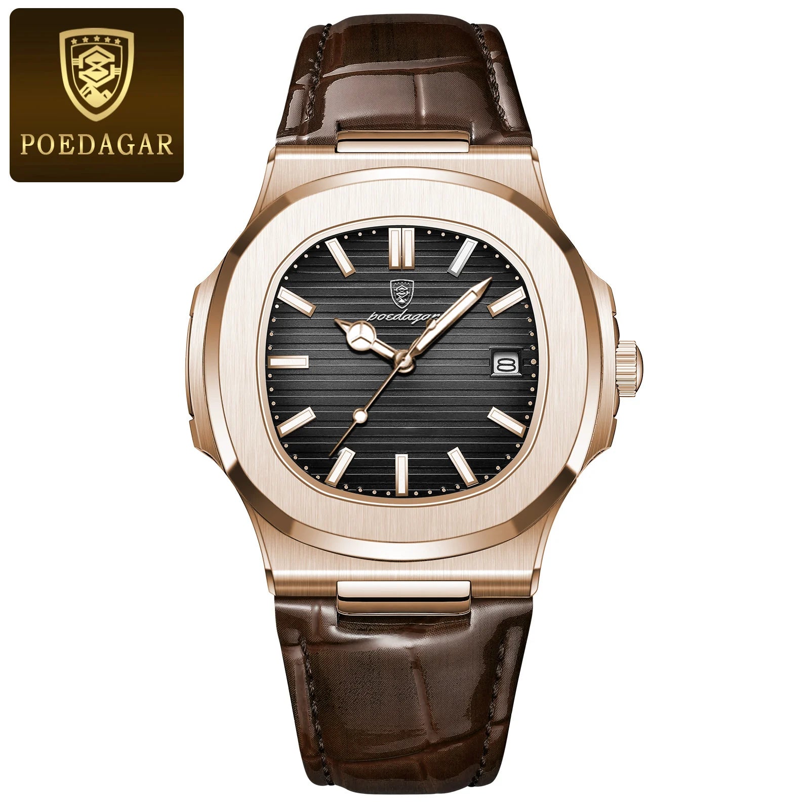 POEDAGAR Reloj de Cuarzo de Cuero para Hombre, a la Moda, Cuadrado, Impermeable, Luminoso, con Fecha, de Negocios, Casual, Reloj de Pulsera para Hombre