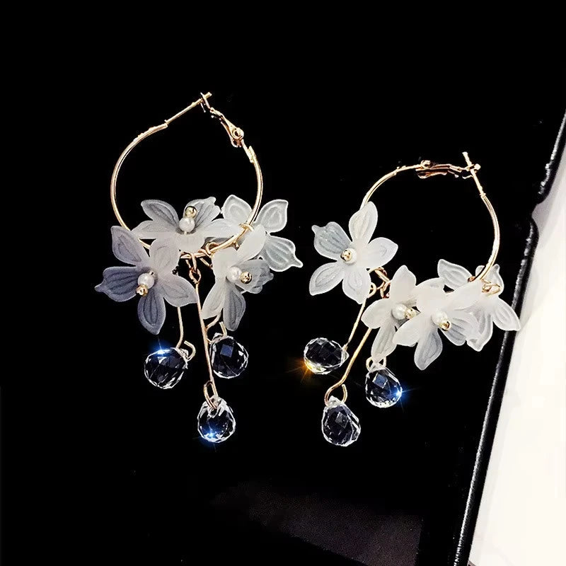 Neue koreanische süße transparente Kristallblumen-Tropfenohrringe für Frauen, Temperament, lange Quastenohrringe, weiblicher eleganter Schmuck, Geschenk