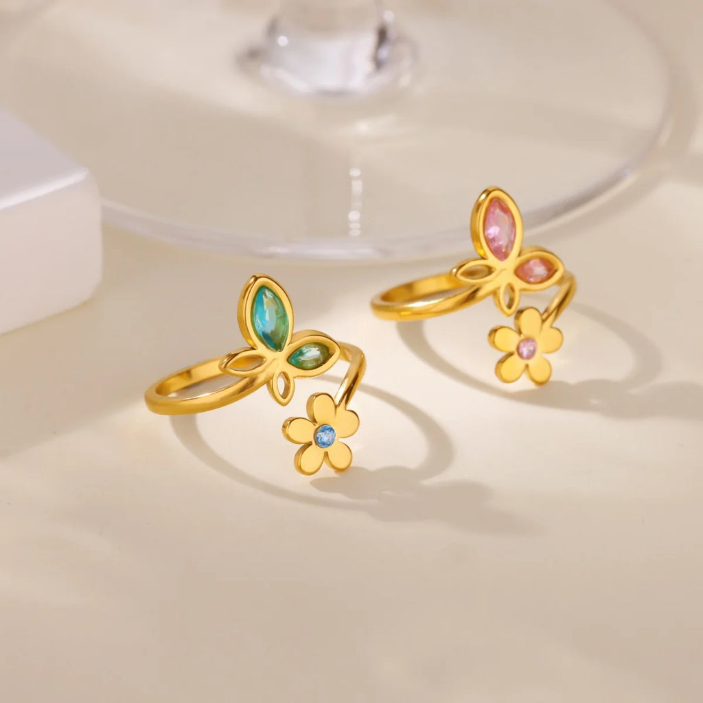 Luxury Zircon Butterfly Flower Rings for Women Stainless Steel Gold Color Cheap Ring Fashion Wedding Couple y2k Jewelry anillos