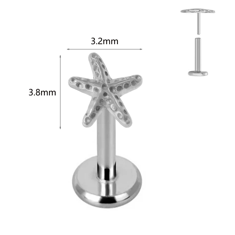 ASTM F136 G23 Titan Labret Piercing Seestern Ohrstecker Biene Blatt Push-In CZ Gewindeloser Knorpel 16/18/20G Körperschmuck