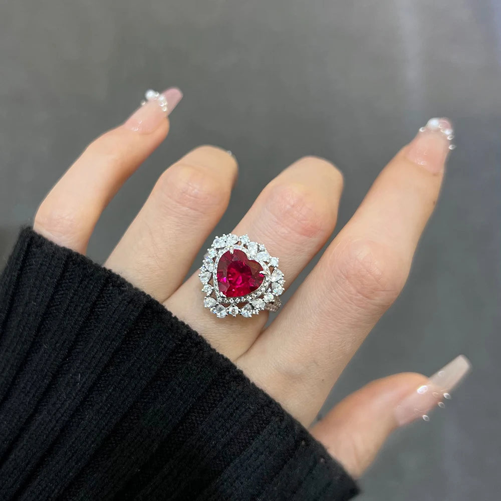 MINTYBOX Anillos de rubí de corazón de 4,0 CT para mujer de plata de ley 925, anillo de compromiso y boda de gema de 10*10MM, joyería fina para fiesta