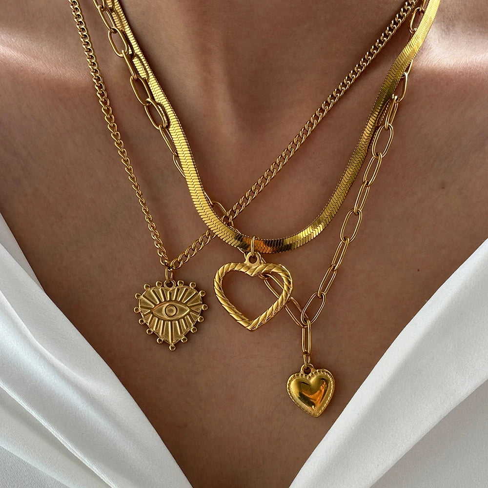 Stainless Steel Necklace Vintage Noble Texture Unique Heart Pendant Multi-style Chain Fine Necklace For Women Jewelry Party Wear