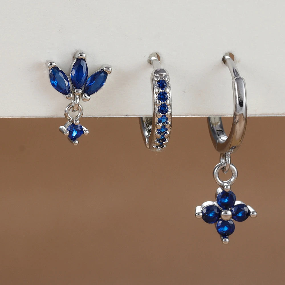 3 Paar modische orange-blaue Zirkon-Hängeohrringe für Damen, Edelstahl-Blumen-Baumelohrringe, Piercing-Schmuckset