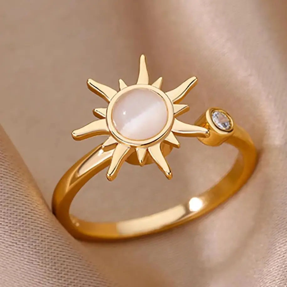 Rotierender Sonnen-Opal-Ring für Damen, Edelstahl, Retro-Charme, verstellbare offene Ringe, Party-Schmuck, Geschenk für die beste Freundin, Bijoux Femme